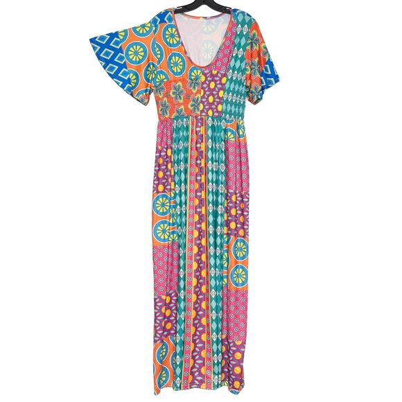 Maxi Dress Patchwork Boho Hippie Psychedelic Retro 70s Festival Colorful Medium - Picture 5 of 6